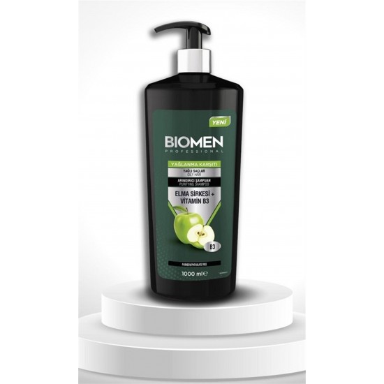شامپو مردانه بیومن Biomen برای موهای چرب حاوی عصاره سرکه سیب و ویتامین B3 حجم 1000 میل