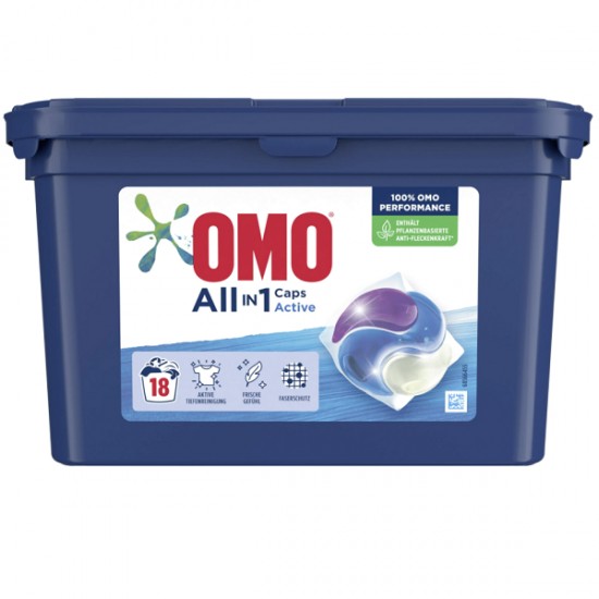 بالشتک لباسشویی اومو OMO مدل All in 1 Caps Active بسته 18 عددی