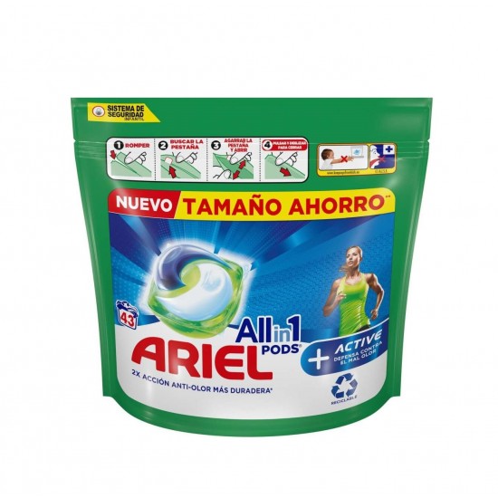 قرص ژله ای لباسشویی آریل 3 کاره مدل  Ariel 3in1 pods Active بسته 43 عددی